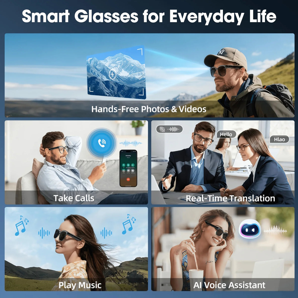 Smart camera glasses, 8-megapixel HD video recording glasses (with audio), Bluetooth-enabled photo-sensitive color-changing lenses, real-time translation, voice assistant, object recognition, and hands-free music and calls.