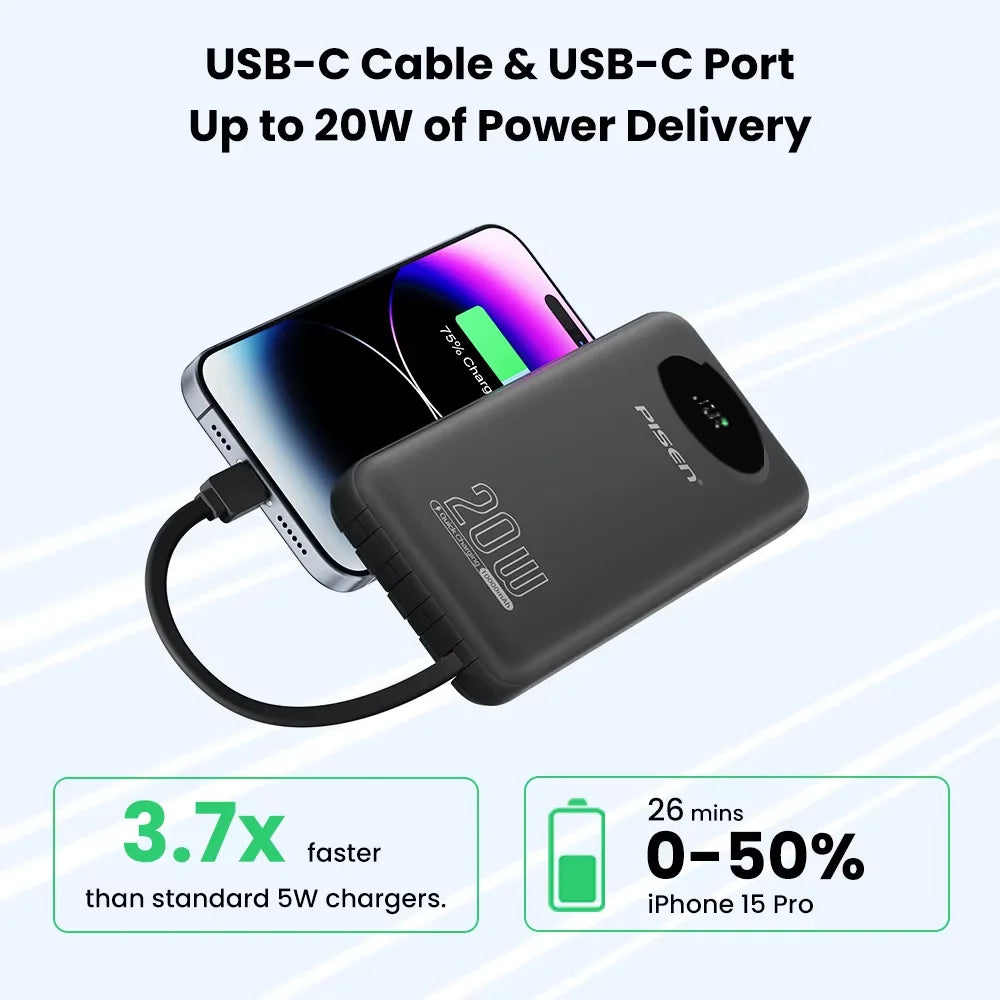 PISEN Power Bank 10000mAh 20W Fast Charging Powerbank With 4 Built-in Cables Smart LED Display For iPhone Samsung Xiaomi iPad Huawei
