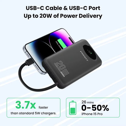 PISEN Power Bank 10000mAh 20W Fast Charging Powerbank With 4 Built-in Cables Smart LED Display For iPhone Samsung Xiaomi iPad Huawei