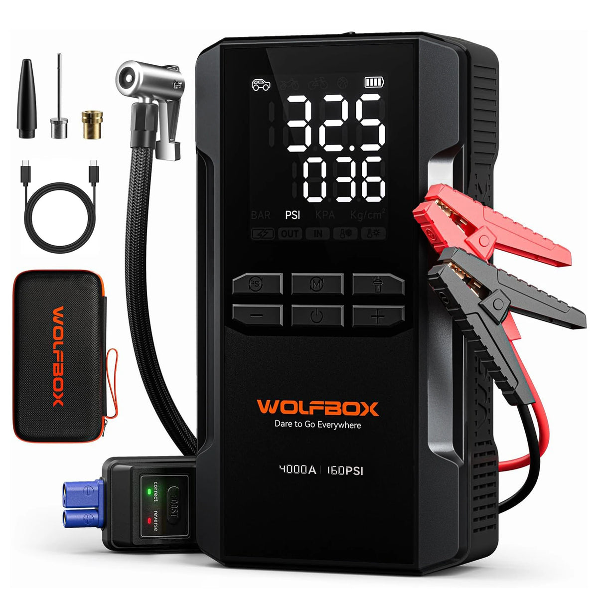 WOLFBOX JS24AIR 4000A Jump Starter 160PSI Air Compressor 12V Car Battery Booster, 88.8Wh Portable Jump Box (10L Gas/10L Diesel)  Tire Inflator LED Light