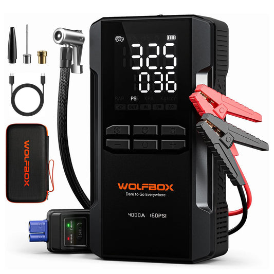 WOLFBOX JS24AIR 4000A Jump Starter 160PSI Air Compressor 12V Car Battery Booster, 88.8Wh Portable Jump Box (10L Gas/10L Diesel)  Tire Inflator LED Light