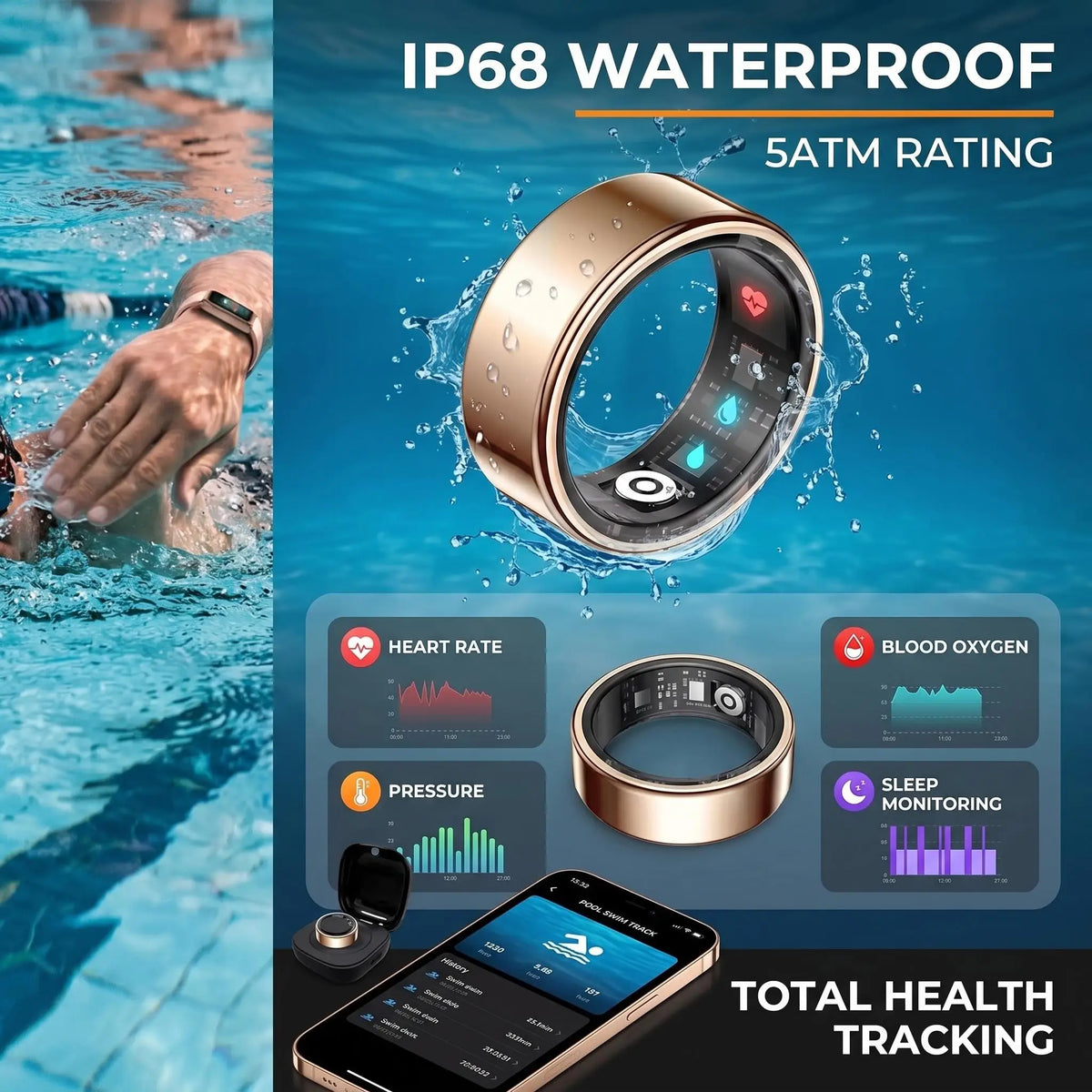 Smart Ring Stainless Steel Fitness Tracker, Bluetooth Health Ring with Heart Rate, Blood Oxygen SpO2 & Sleep Monitoring, IP68 Waterproof Smart Ring for Men Women, No Monthly Subscription, iOS Android Compatible