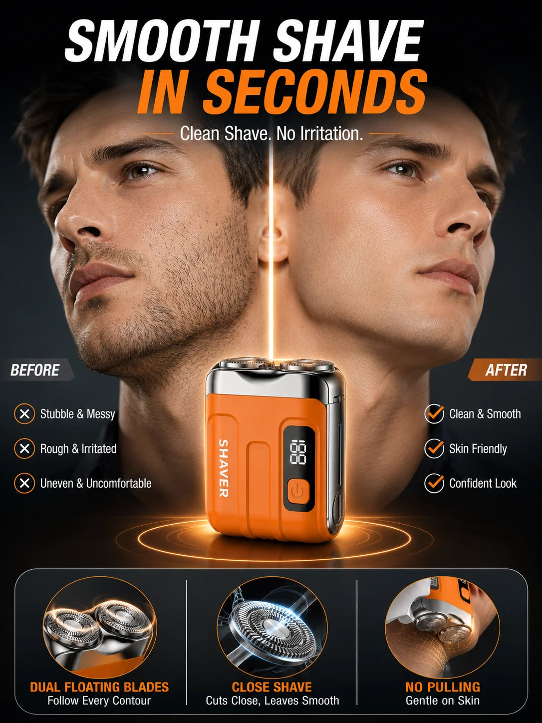 Mini Electric Shaver for Men Portable Rechargeable Beard Shaver USB-C Waterproof Dual Blade Razor with LED Display Travel