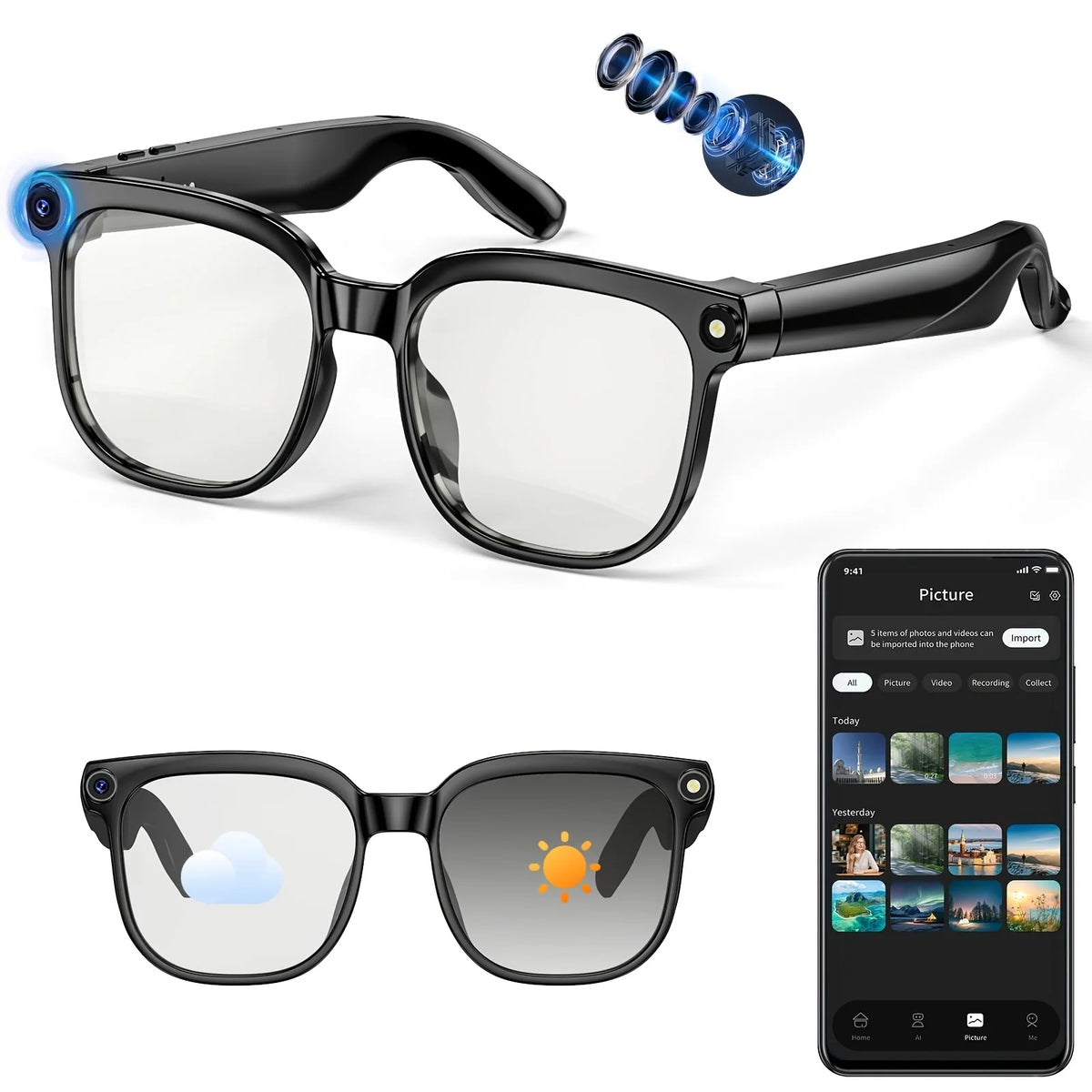 Smart camera glasses, 8-megapixel HD video recording glasses (with audio), Bluetooth-enabled photo-sensitive color-changing lenses, real-time translation, voice assistant, object recognition, and hands-free music and calls.