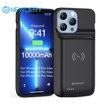 NEWDERY 10000mAh Magnetic Qi Wireless Power Bank Battery Case for iPhone 14 13 Pro Max 12 Pro Max Portable Charging Pack Extended Battery Shell Battery Pack