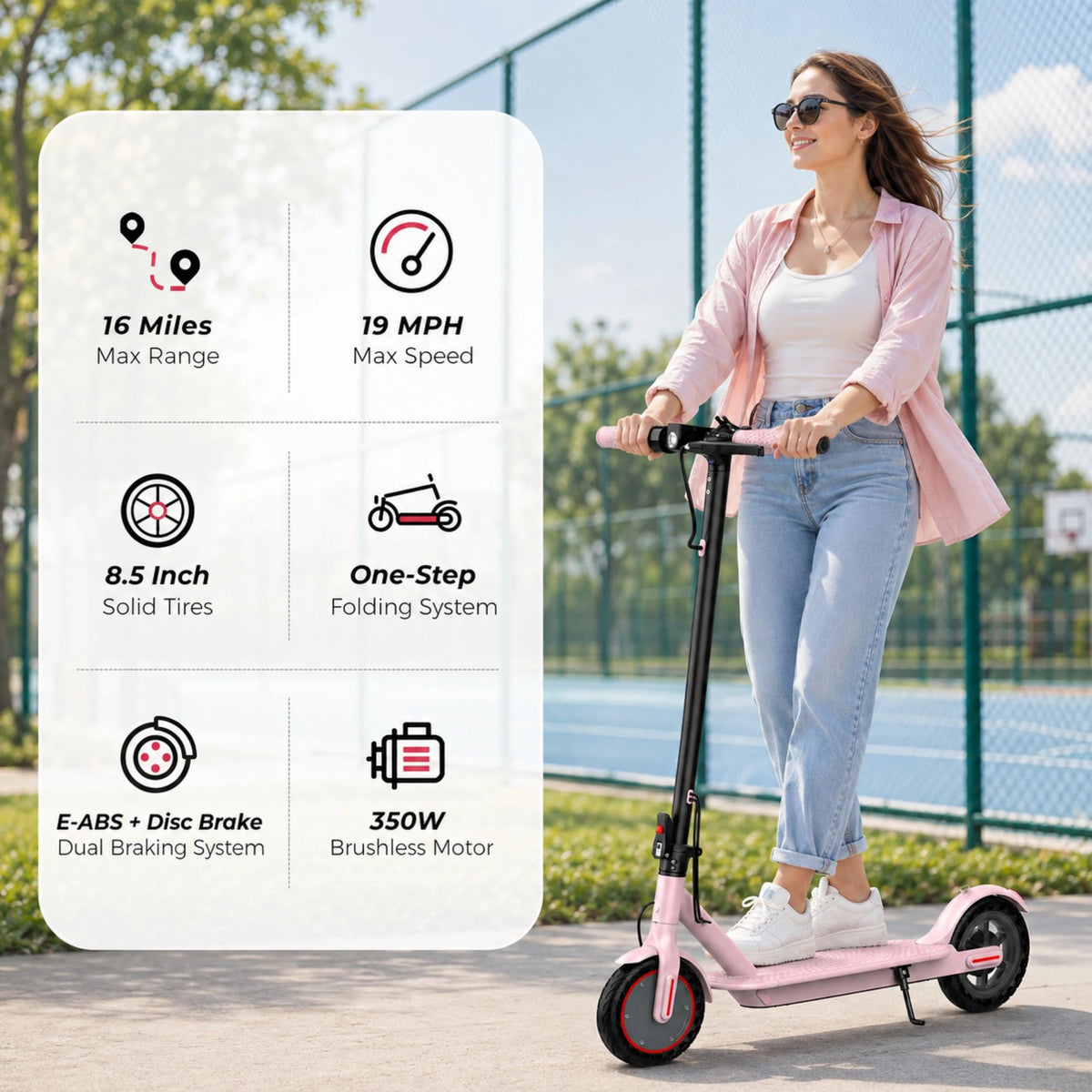 8.5inch Pink Electric Scooter, 19 MPH Top Speed, 16 Miles Range, 350W Motor, Lightweight Foldable E Scooter for Adults and Teens