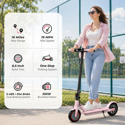 8.5inch Pink Electric Scooter, 19 MPH Top Speed, 16 Miles Range, 350W Motor, Lightweight Foldable E Scooter for Adults and Teens