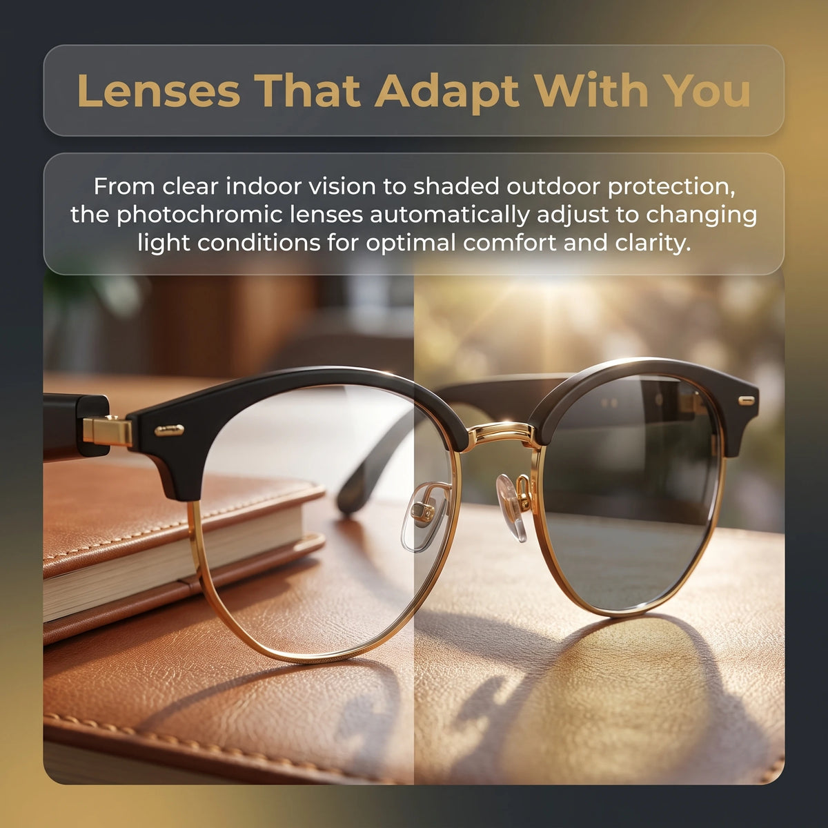 AI‑Powered Smart Glasses for Men Women, Photochromic Lenses Audio Glasses with Hi‑Fi Sound Quality, HD Hands‑Free Calls & Music Playback, Ideal for Outdoor Sports & Everyday Office Use