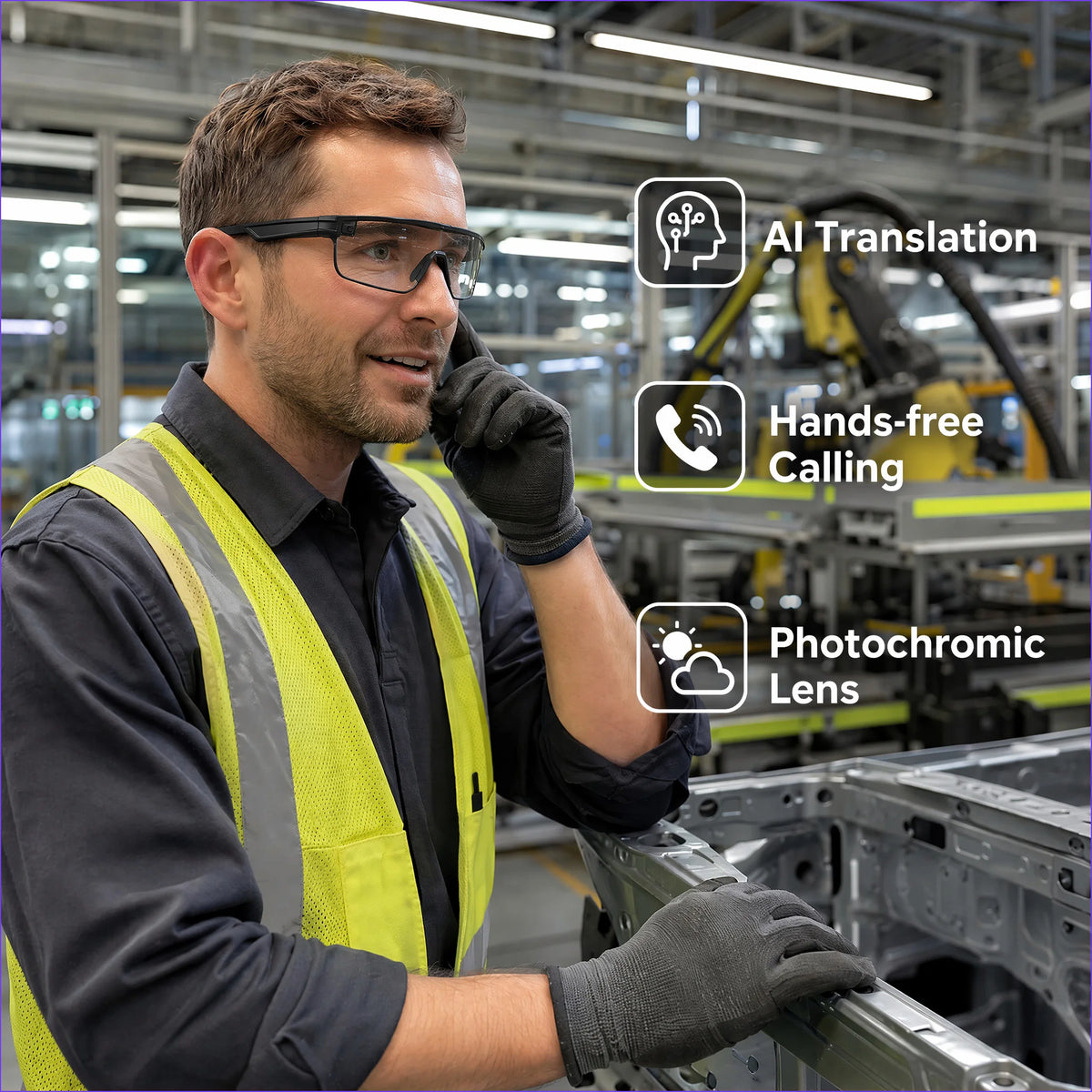 SMART PROTECTIVE GLASSES, AI REAL‑TIME TRANSLATION WORK GLASSES SUPPORT 160 LANGUAGES, PHOTOCHROMIC LENSES WITH BUILT‑IN MICROPHONE AND SPEAKER, MUSIC PLAYBACK FOR OUTDOOR SPORTS AND INDOOR WORK DAILY USE