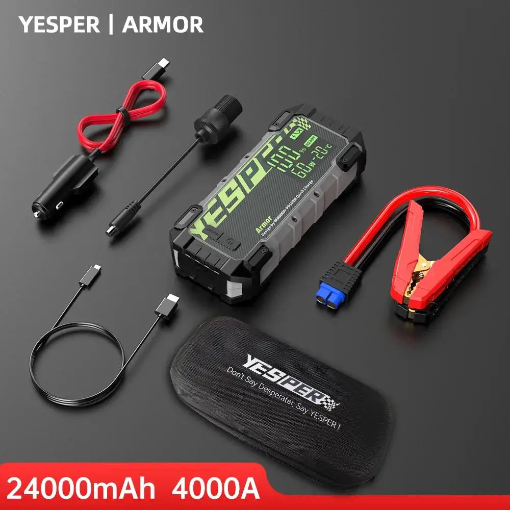YESPER 4000A 10L Diesel/Gas Jump Starter – 12V/24000mAh, 100W PD Fast Charge, 3-Mode Light + Case, Portable Power Bank
