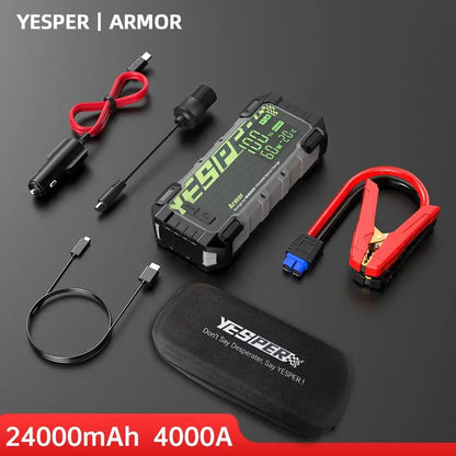 YESPER 4000A 10L Diesel/Gas Jump Starter – 12V/24000mAh, 100W PD Fast Charge, 3-Mode Light + Case, Portable Power Bank