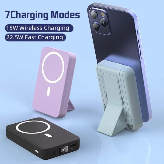 10000mAh Portable Magnetic Wireless Power Bank, 22.5W Fast Charging for All Smartphones, Mobile Power Supply With Back Clip & Foldable Desktop Stand