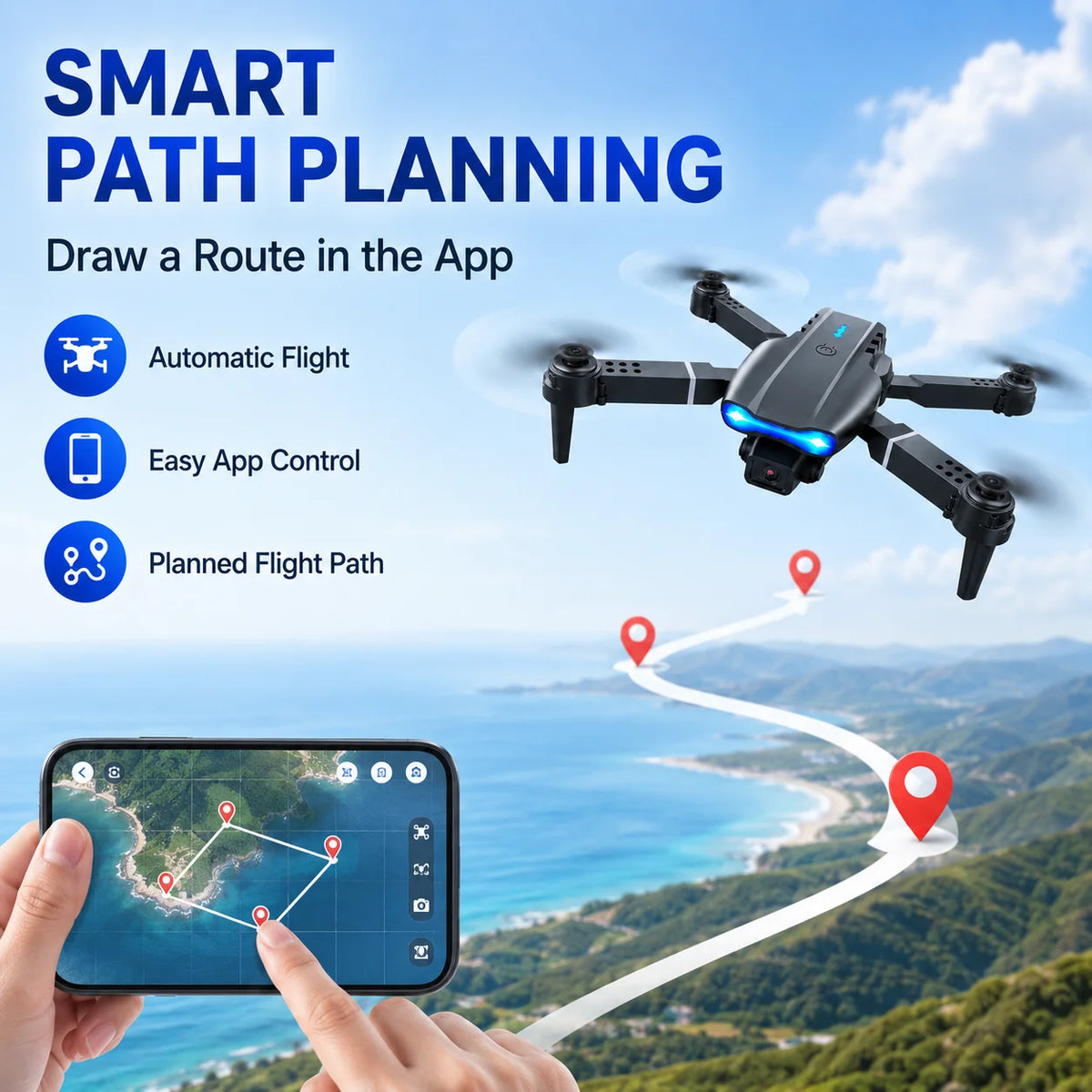 4K HD RC Drone Foldable Dual Camera 90° Adjustable 120° Wide Angle 50X Zoom Altitude Hold 2.4G 100M Remote FPV Quadcopter