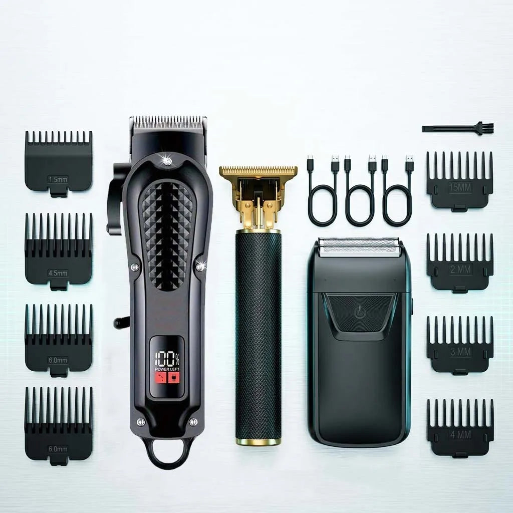 4 in 1 Men's Hair Clipper Set, Cordless Electric Trimmer, Foil Shaver & Nose Trimmer Kit,Beard Cutter, USB Rechargeable Grooming Kit with LED Display, Multiple Guide comb