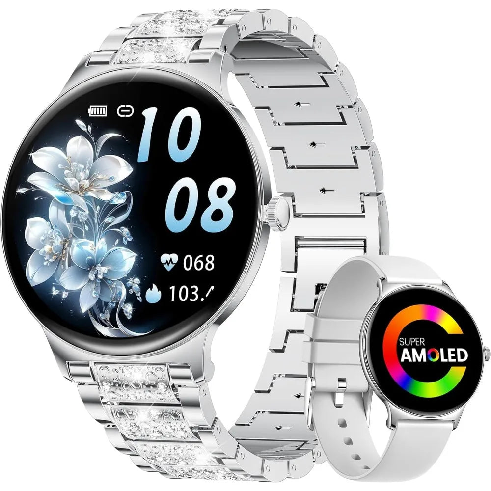 Ultra-Thin 1.43" Display Smart Watch for Women with Bluetooth Connectivity, Health Tracking, & Sports Modes - 2 Straps (Silver)