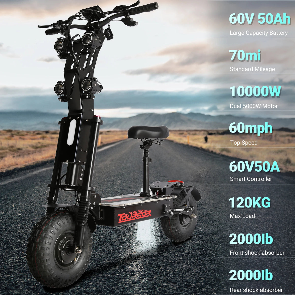 TOURSOR X14-60V Electric Scooter Dual Drive 60V 50AH 10,000W Motor 65 MPH Speed 70 Mile Range with 13" Off-Road Tires