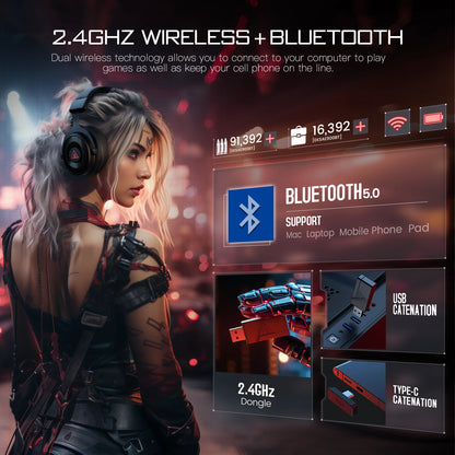 2.4GHz Wireless Headphones Bluetooth 5.0 Gaming Headset 3 Mode Connection ENC Noise Cancelling Mic 50H Playtime 50mm Drivers Low Latency Surround Sound Dual Chamber Audio for PC PS4 PS5 Xbox Switch