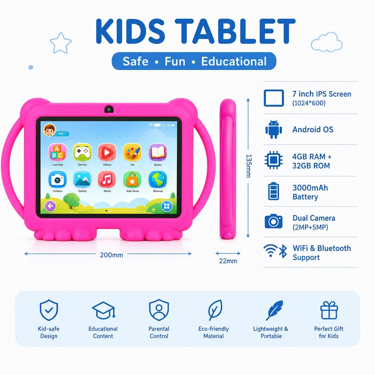 7" Kids Tablet with Parental Control & Shockproof Case, Android 14, 2GB+32GB, 2.4G WiFi, GMS Certified, Eye Protection Display, Dual Camera, Pre-installed Educational Apps & Games for Toddlers