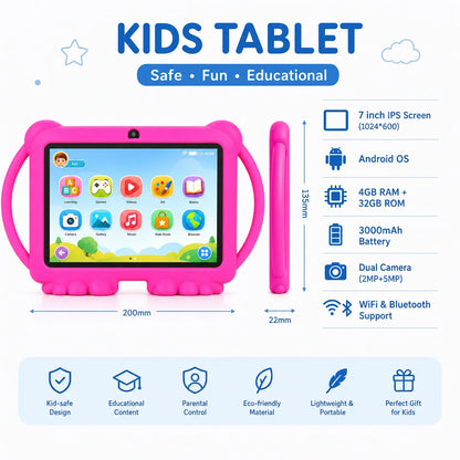 7" Kids Tablet with Parental Control & Shockproof Case, Android 14, 2GB+32GB, 2.4G WiFi, GMS Certified, Eye Protection Display, Dual Camera, Pre-installed Educational Apps & Games for Toddlers