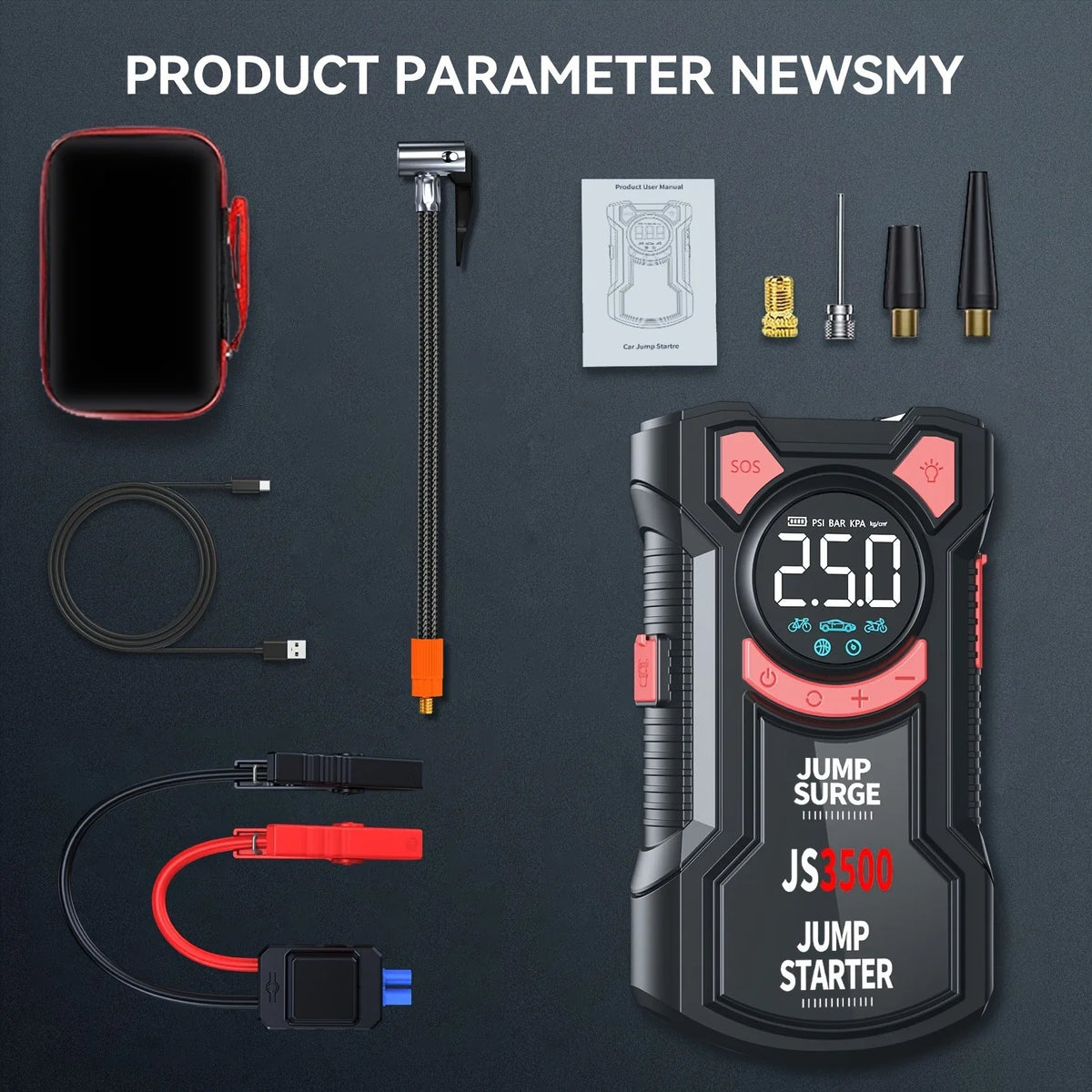 5-in-1 Jump Starter with Air Pump 3000A Peak Starter Box 150PSI Battery Pack with Digital Tire Inflator Car Battery Jump Starter