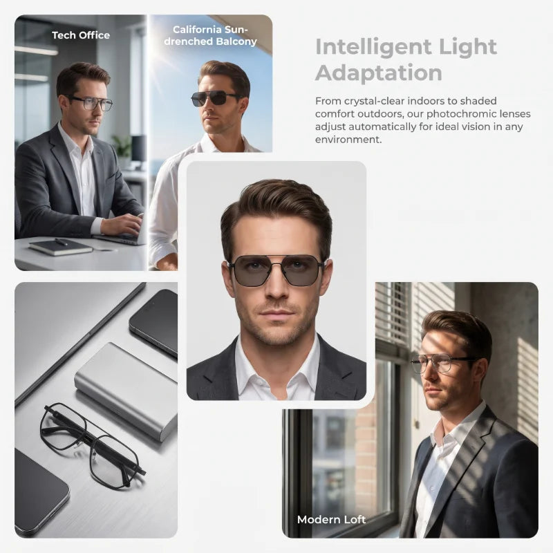 AI-powered smart glasses with metal double-bridge frames, magnetic charging, and color-changing lenses; multifunctional audio glasses with built-in microphone and speaker, suitable for casual travel and everyday office use