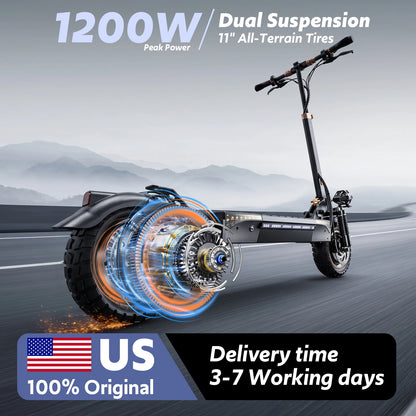 Off Road Electric Scooter, 1200W 25Miles Range 31 MPH,11" All Terrain Tire, Double Suspension,Disc Brakes Dual Suspension E-Scooter for Adults