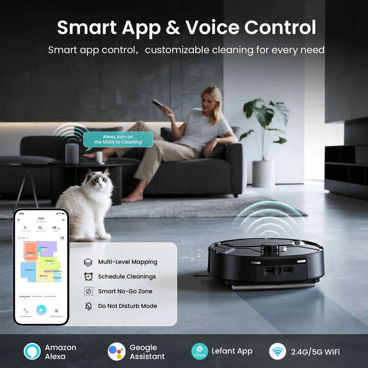 Lefant M265 Robot Vacuum and Mop, 17000Pa Strong Suction, Self-Cleaning Roller Mop with Auto Drying, LiDAR Navigation & Obstacle Avoidance, Tangle-Free Pet Hair, Slim, 5G WiFi,