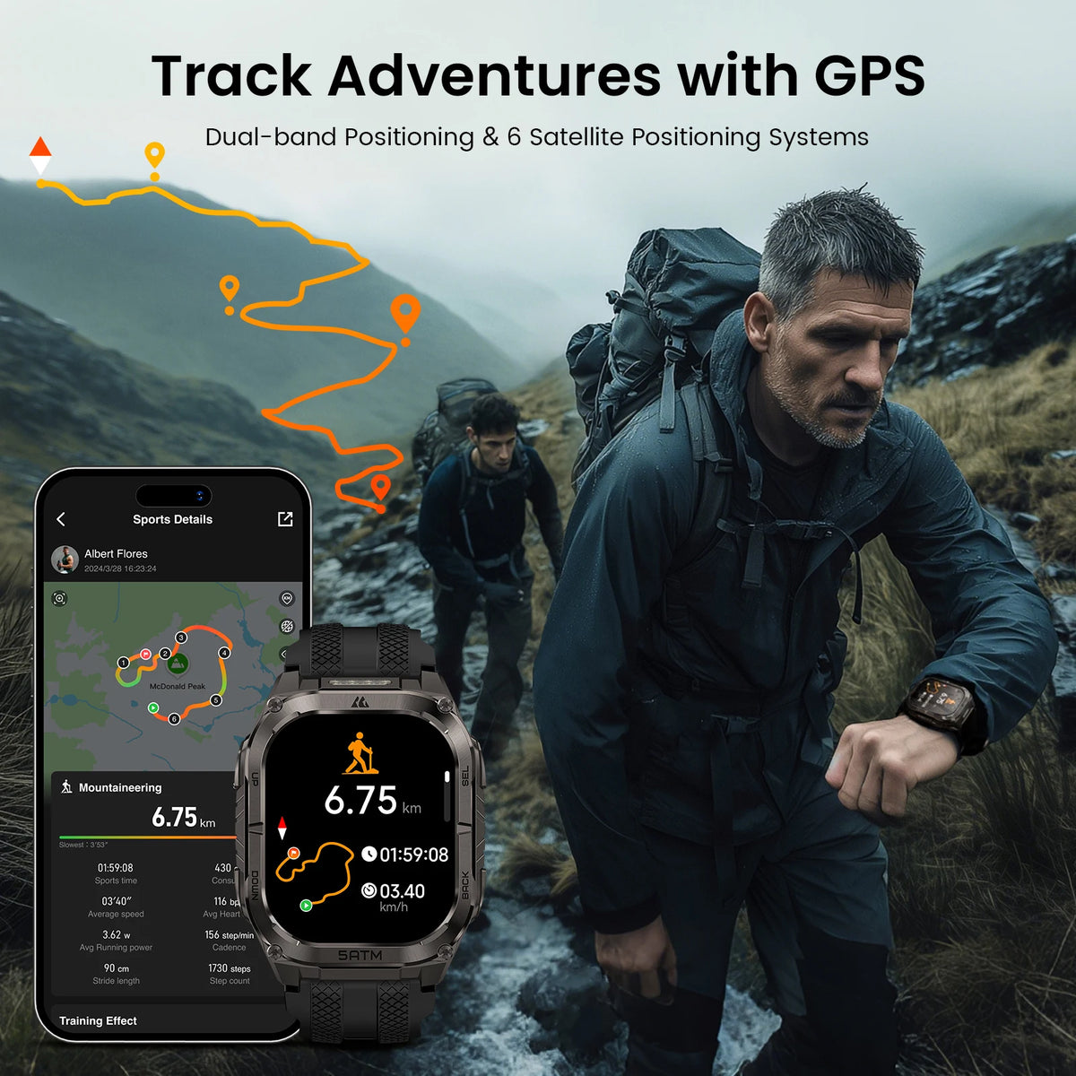 KOSPET TANK M4C Advanced GPS Smartwatch for Men MIL-STD-810H Tough 5ATM Waterproof Integrated Flashlight & Health Tracking