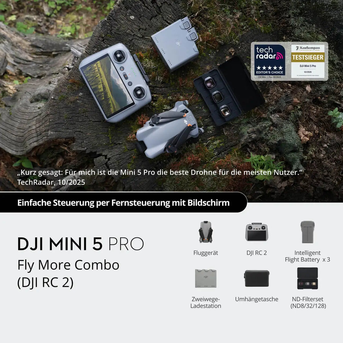 DJI Mini 5 Pro Fly More Combo DJI RC 2 Drones with 1-Inch CMOS 4K Camera Drone Mini 5 Pro for Beginners with Omnidirectional Obstacle Sensing ActiveTrack 360° 225° Gimbal Rotation 3 Batteries