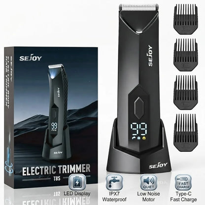 Electric Body Hair Trimmer,Groin Trimmer Ceramic Blade, Waterproof Wet/Dry Groomer, USB Recharge Dock, Men’s Wireless Ball Shaver,LED Display