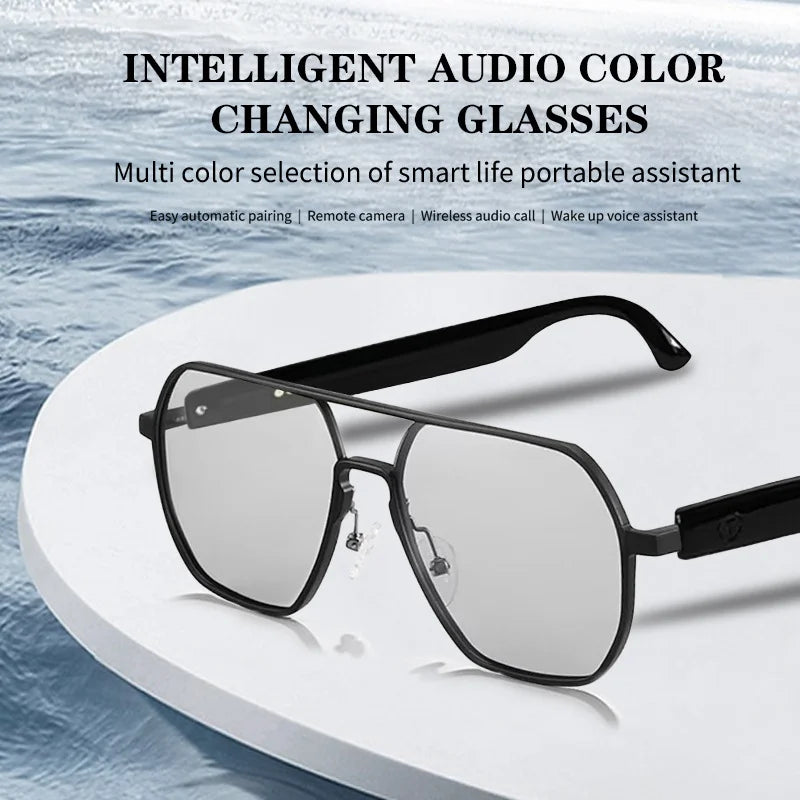 AI-powered smart glasses with metal double-bridge frames, magnetic charging, and color-changing lenses; multifunctional audio glasses with built-in microphone and speaker, suitable for casual travel and everyday office use