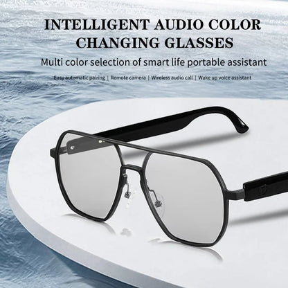 AI-powered smart glasses with metal double-bridge frames, magnetic charging, and color-changing lenses; multifunctional audio glasses with built-in microphone and speaker, suitable for casual travel and everyday office use