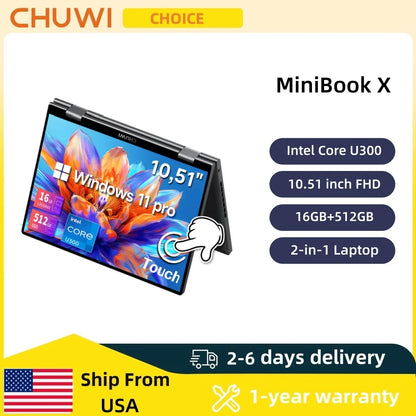 CHUWI MiniBook X 2-in-1 Laptop Intel Core U300 16GB LPDDR4X 512G SSD 10.51 inch FHD 1920x1200 Resolution Ultra-thin Touch Screen Laptop Convenient Office Notebook