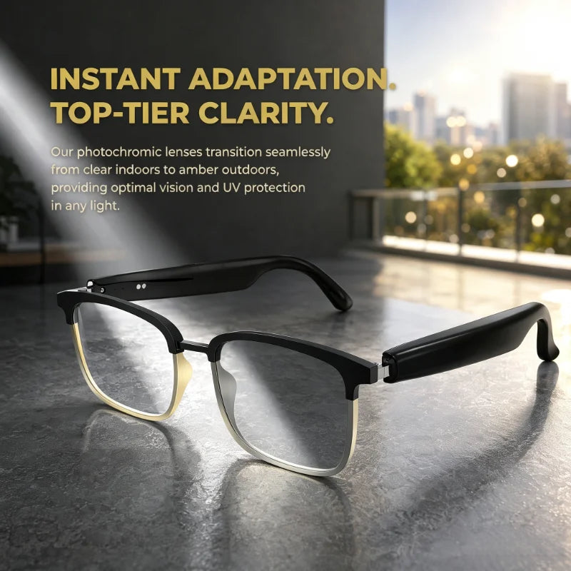 SMART BLUETOOTH GLASSES, PHOTOCHROMIC AUTO LIGHT‑ADJUSTING LENSES WITH TOUCH CONTROL, HANDS‑FREE CALL & MUSIC EARPHONE GLASSES FOR DRIVING CYCLING OUTDOOR WORK DAILY USEe