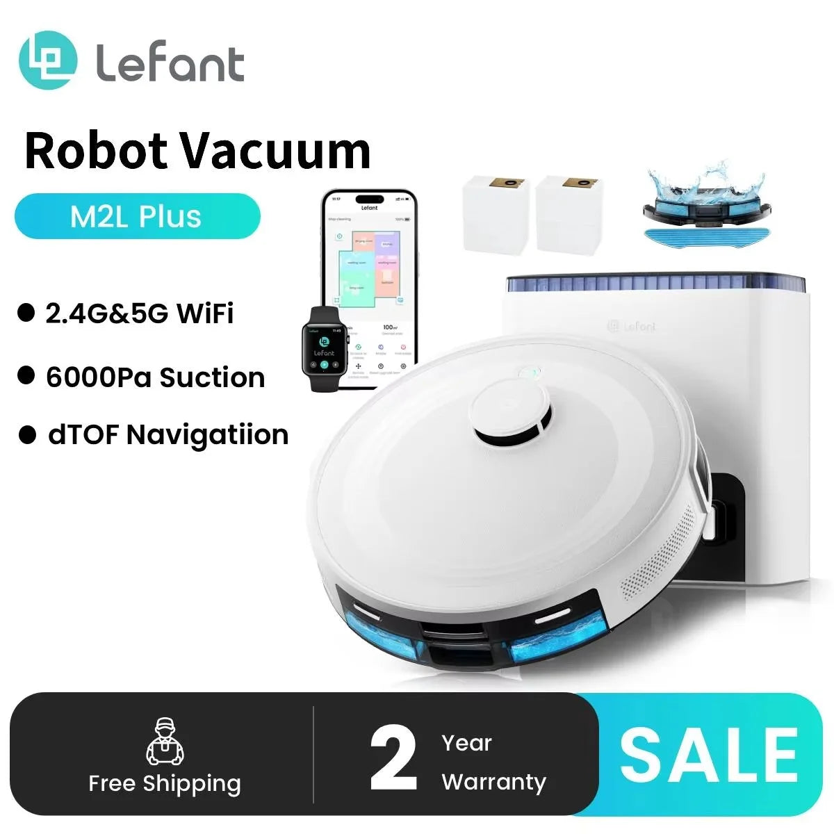 Lefant   M2L Plus Robot Vacuum and Mop, 40-Day Self-Emptying, 6000Pa Strong Suction, Customized Cleaning, Multi-Floor Mapping, 130 Min Runtime, 2.4G/5G WiFi/Alexa/APP/iWatch