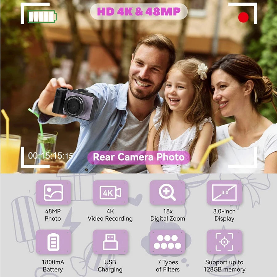 48MP Camera for Photography,4K Digital Camera for Kids and Adults with Front and Rear Dual Cameras,18X Digital Zoom,Built-in 7 C