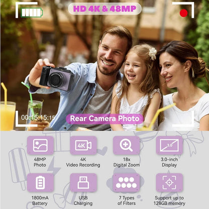 48MP Camera for Photography,4K Digital Camera for Kids and Adults with Front and Rear Dual Cameras,18X Digital Zoom,Built-in 7 C