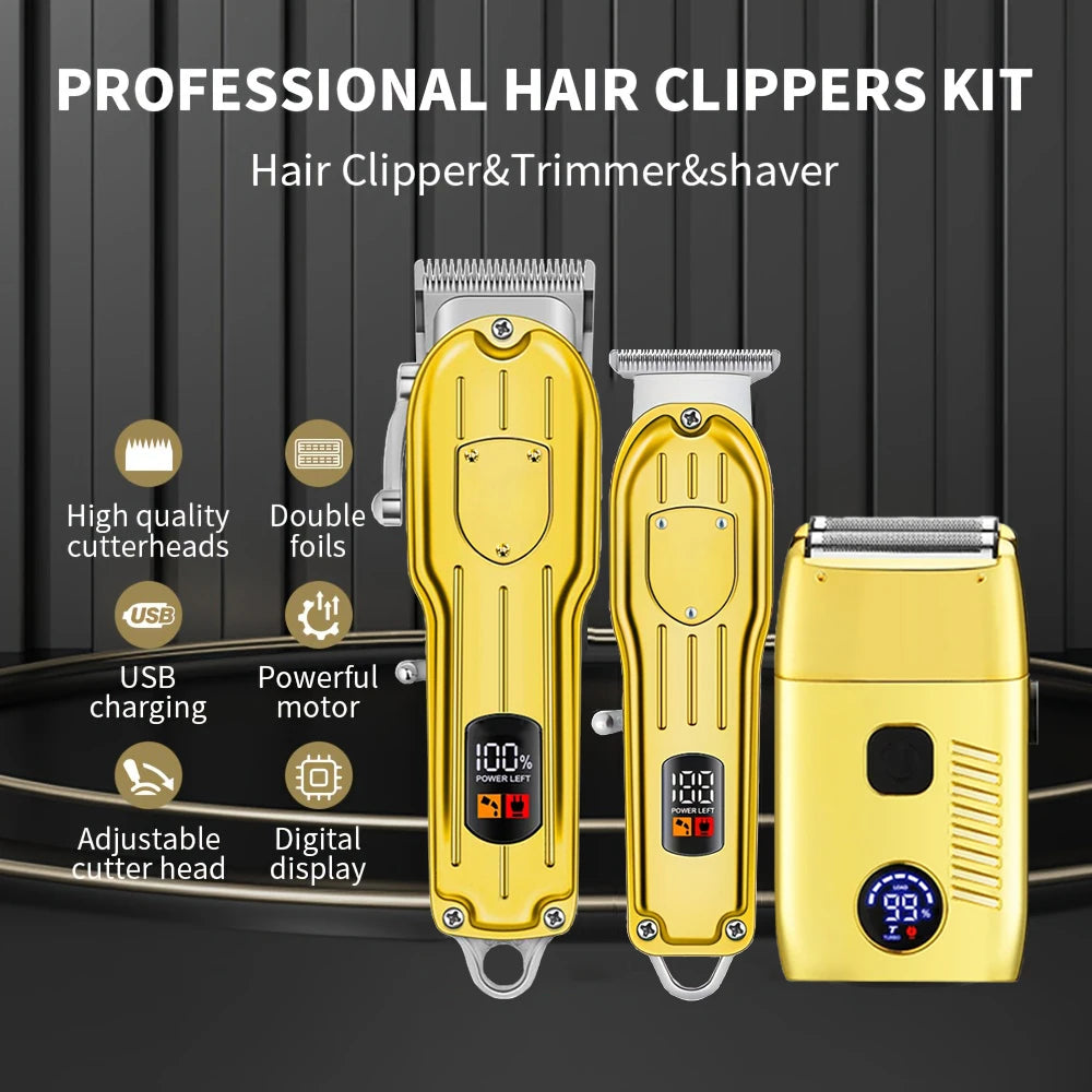 Professional Electric Hair Clipper Set with LED Display, USB Rechargeable Beard Trimmer & Foil Shaver for Men – Includes Guards, Scissors, Comb & Cape