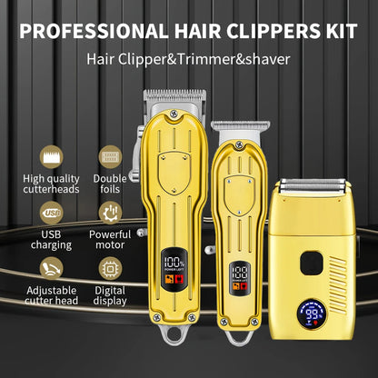 Professional Electric Hair Clipper Set with LED Display, USB Rechargeable Beard Trimmer & Foil Shaver for Men – Includes Guards, Scissors, Comb & Cape