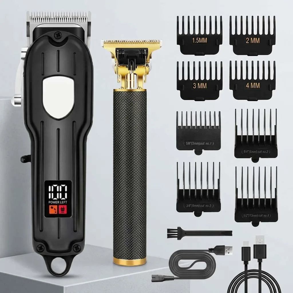 Professional Cordless Hair Clipper Set with LCD Display, Rechargeable Electric Trimmer for Men, Beard & Nose Hair Trimmer All-in-One Grooming Kit , Barber Tools with Combs & Scissors - Perfect Gift for Him