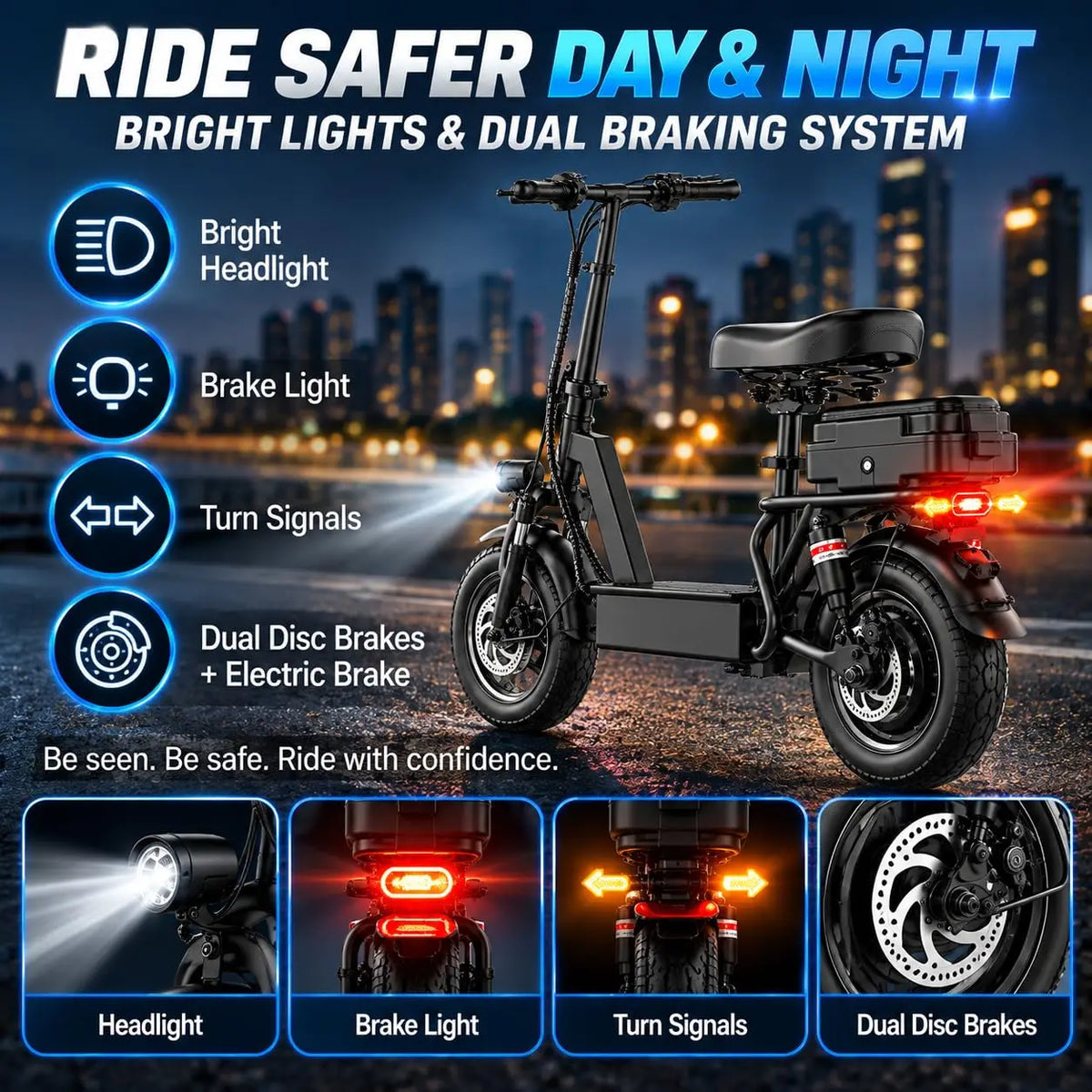 Misodo Electric Scooter with Seat, 1200W Peak Motor, Max 25 MPH Speed, 35 Miles Long Range, 14" Foldable Commuting E-Scooter, Dual Suspension, Rear Storage Box, UL2272 Certified