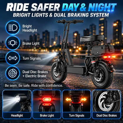 Misodo Electric Scooter with Seat, 1200W Peak Motor, Max 25 MPH Speed, 35 Miles Long Range, 14" Foldable Commuting E-Scooter, Dual Suspension, Rear Storage Box, UL2272 Certified