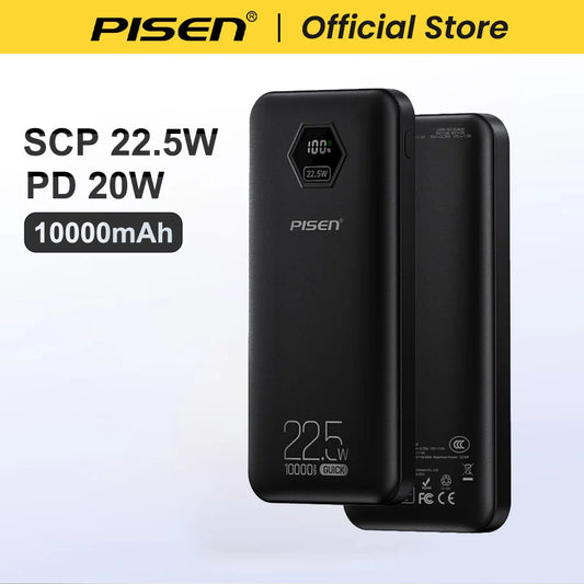 PISEN 10000mAh Fast Charging Power Bank PD 20W SCP 22.5W Lightweight Charger USB C External Battery for iPhone Xiaomi Huawei