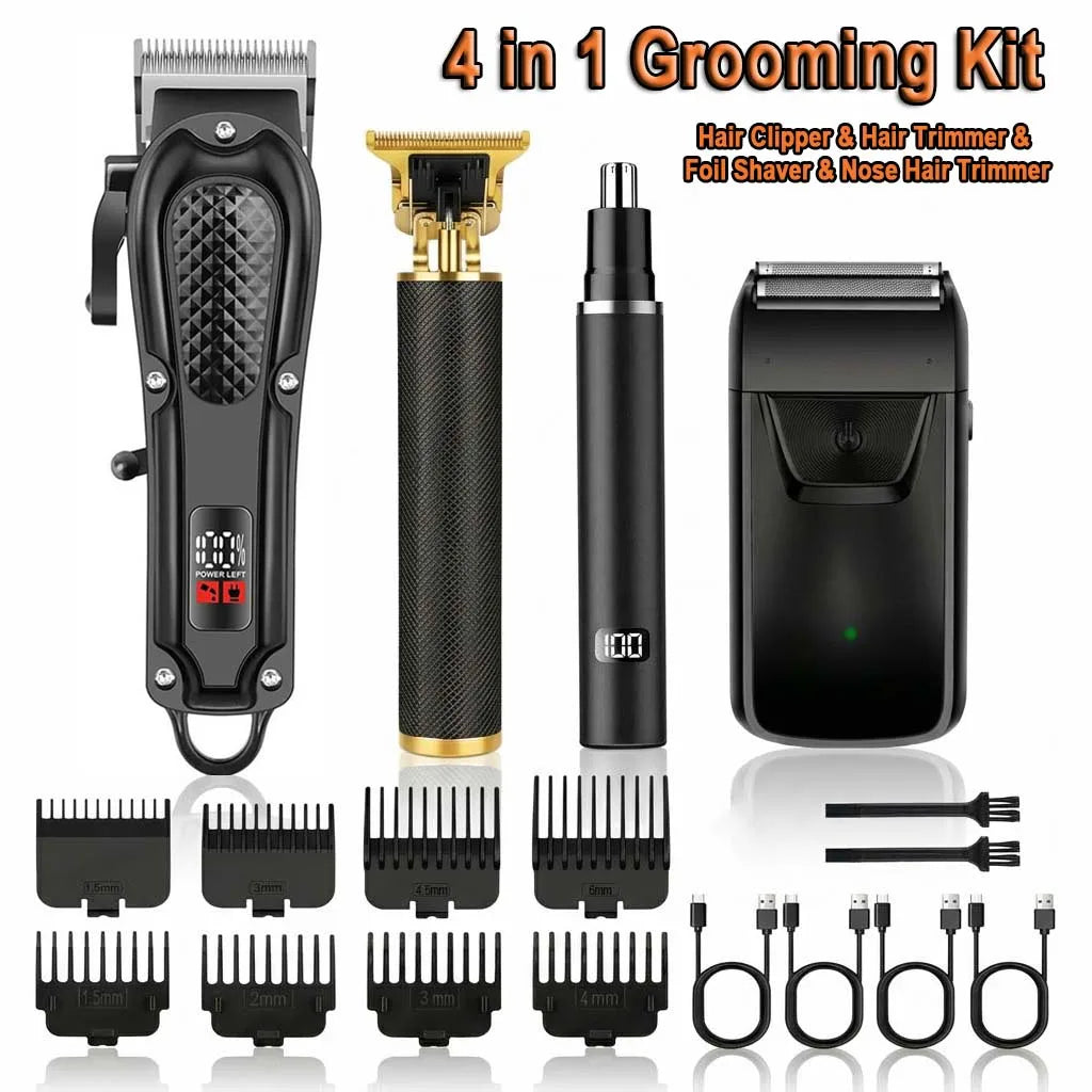 4 in 1 Men's Hair Clipper Set, Cordless Electric Trimmer, Foil Shaver & Nose Trimmer Kit,Beard Cutter, USB Rechargeable Grooming Kit with LED Display, Multiple Guide comb