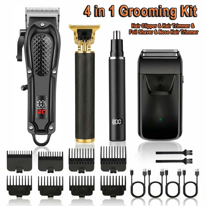 4 in 1 Men's Hair Clipper Set, Cordless Electric Trimmer, Foil Shaver & Nose Trimmer Kit,Beard Cutter, USB Rechargeable Grooming Kit with LED Display, Multiple Guide comb