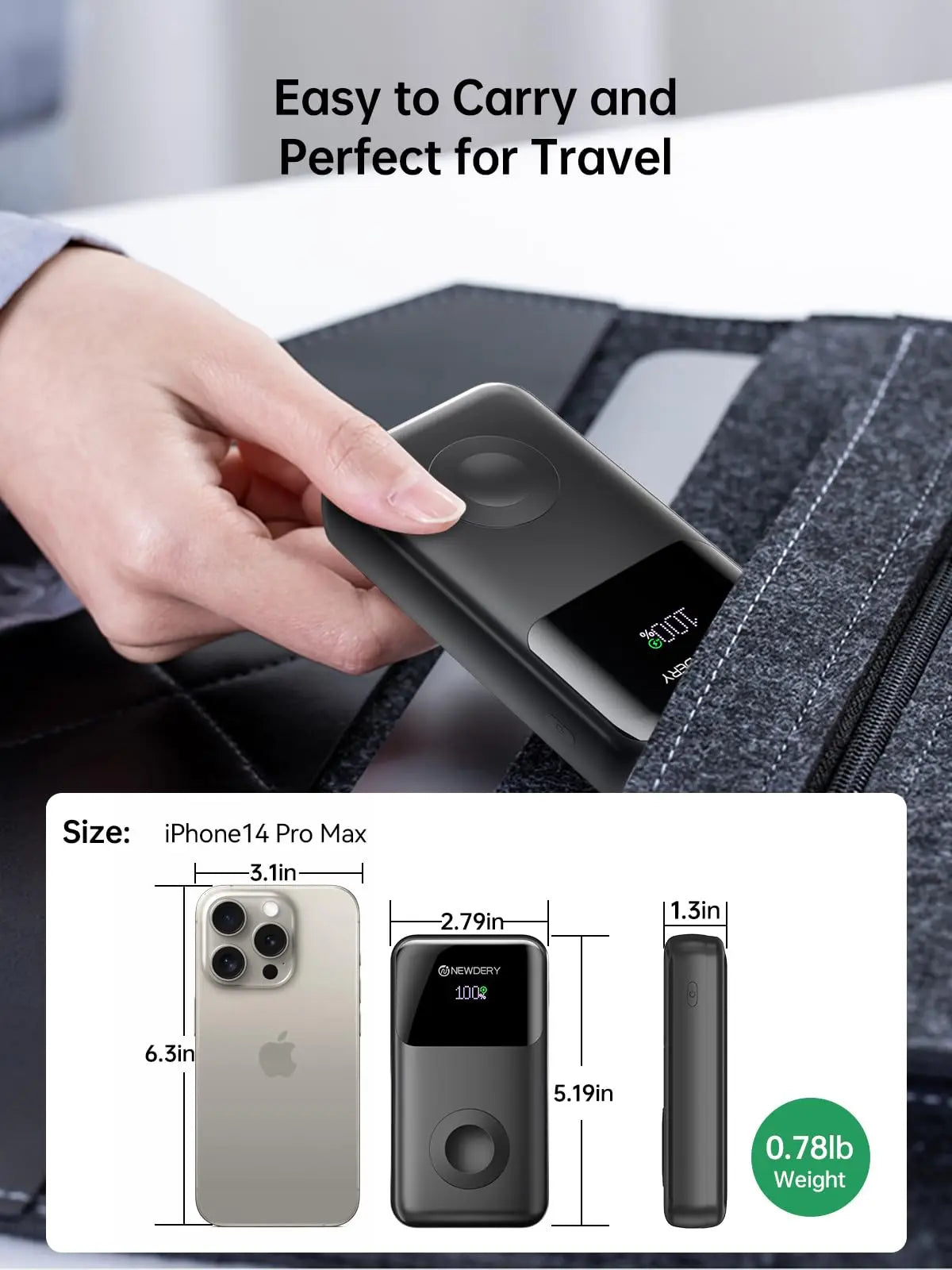 NEWDERY Portable Charger 10000mAh Power Bank for Apple Watch 20W Fast Charging Built-in USB-C Cable Battery Pack for Apple Watch, iPhone 17 16 15 14 13, Samsung etc