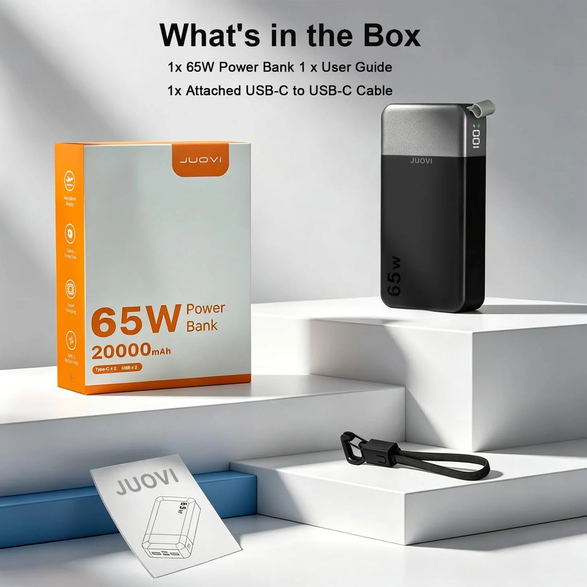 JUOVI Portable Charger, 65W 20000mAh Laptop Power Bank Fast Charging with Attached USB C Cable Powerbank for Laptop, for MacBook iPhone 17 16 Pro Samsung S26 and More