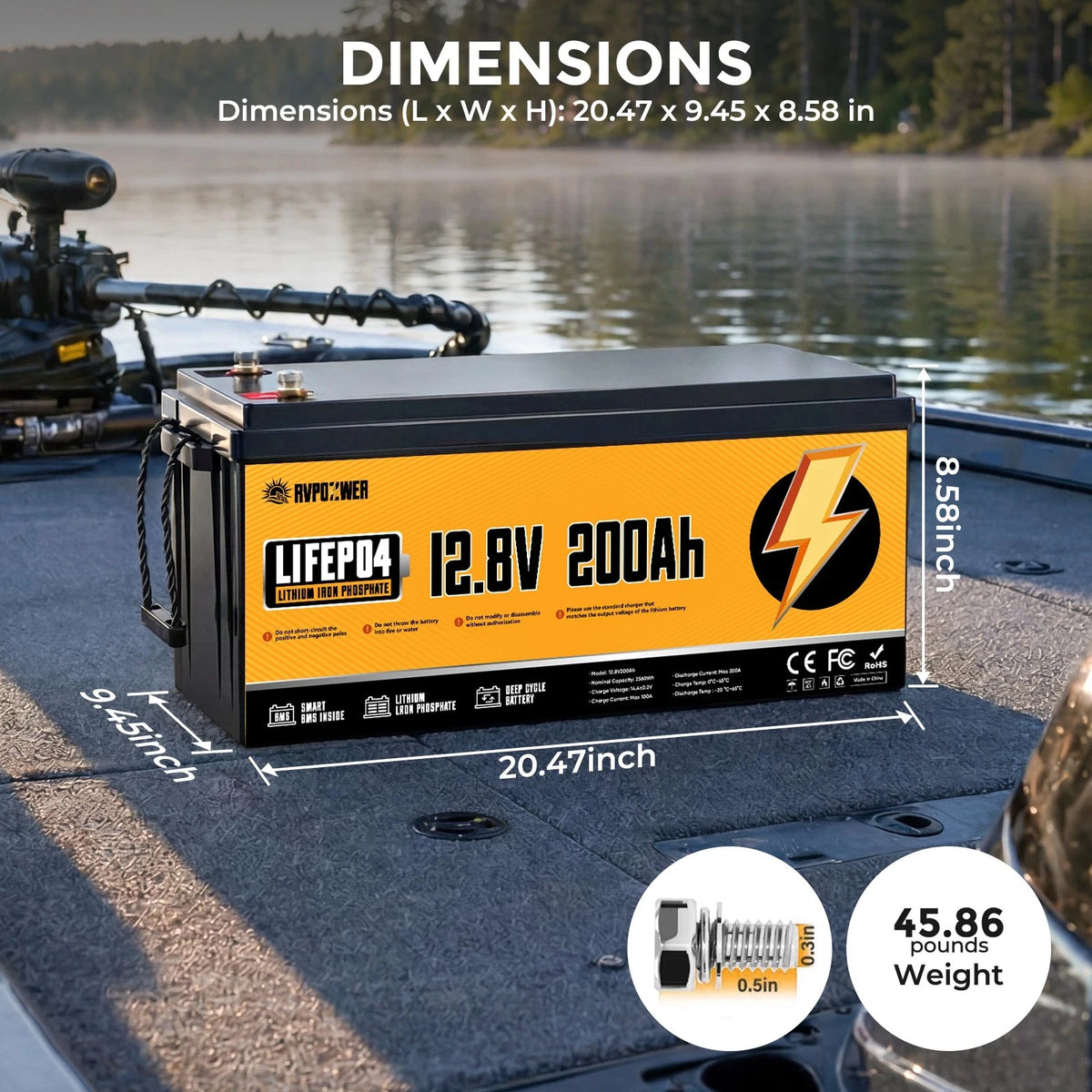 RVPOZWER LiFePO4 Lithium Battery 12V 200Ah Built-in 200A BMS Portable, Deep Cycle, Long Lifespan 2560WH For RV, Marine, Travel Trailer, Camper, Off-grid Solar Application