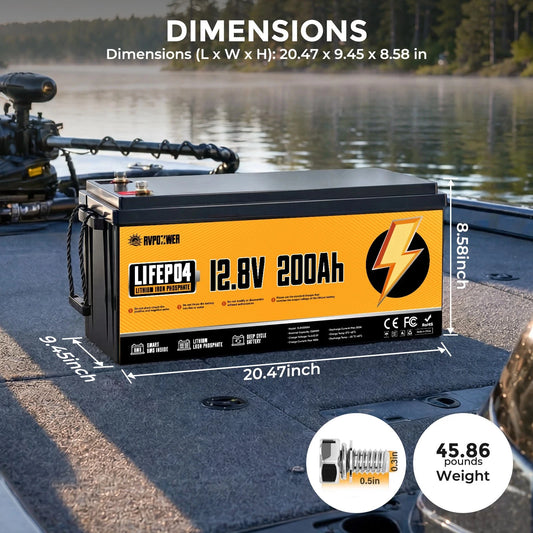 RVPOZWER LiFePO4 Lithium Battery 12V 200Ah Built-in 200A BMS Portable, Deep Cycle, Long Lifespan 2560WH For RV, Marine, Travel Trailer, Camper, Off-grid Solar Application