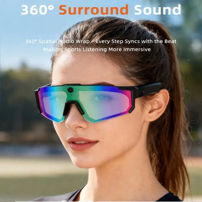AI Camera Smart Sports Sunglasses, Open-Ear 360° Surround Sound Bluetooth Audio Glasses with Voice Control & Polarized UV Protection for Cycling Fishing